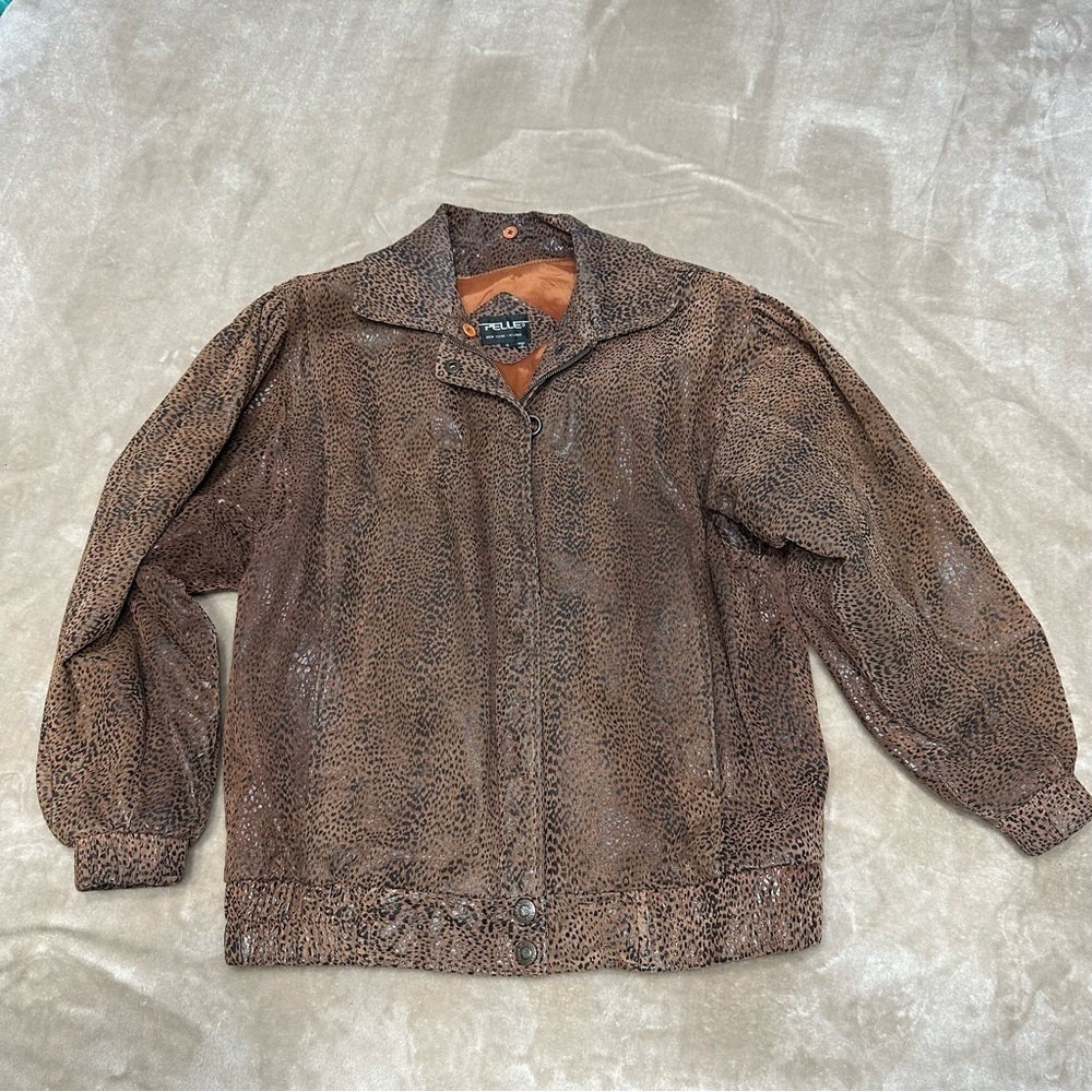 Pelle Print Leather Leopard Bomber Jacket Coat Brown Vintage Size Small
